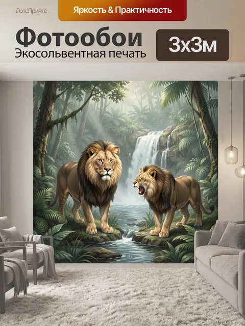 Фотообои Львы у водопада в джунглях