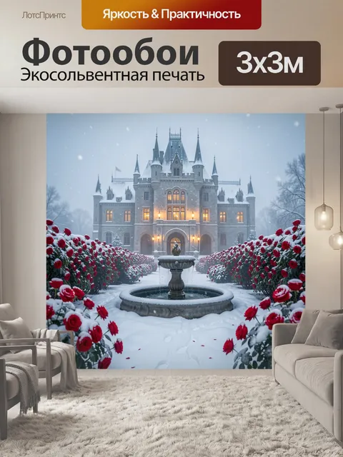 Фотообои Большой готический замок в снежном зимнем пейзаже