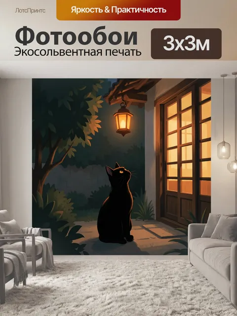 Фотообои Черный кот у светящегося дома