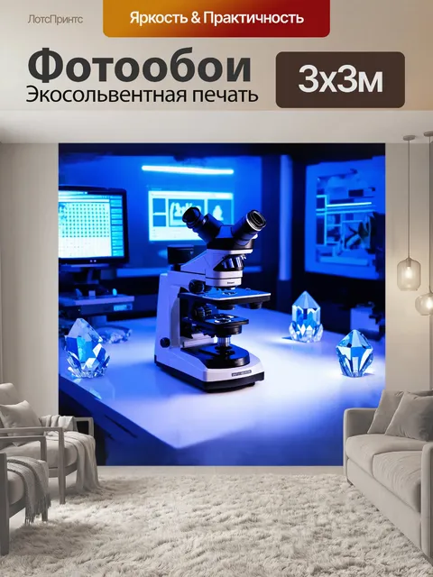 Фотообои микроскоп с высокотехнологичной оптикой установлен на элегантном белом столе в ультрасовременной лаборатории