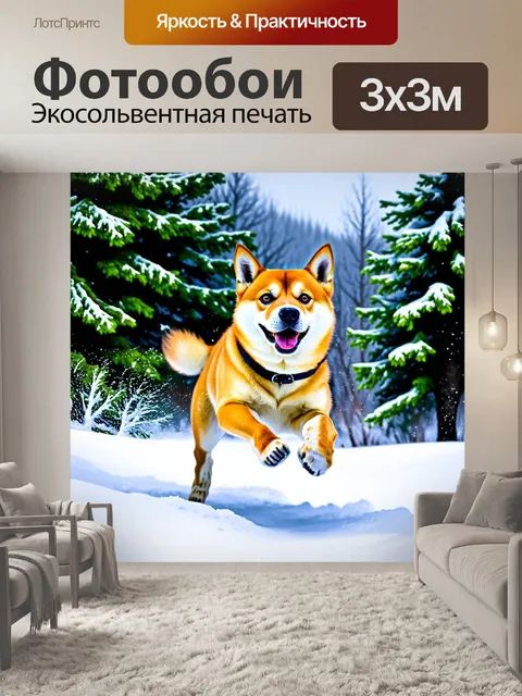 Фотообои мгновение радости: сиба ину, прыгающий в глубоком снегу, его мордочка полна восторга
