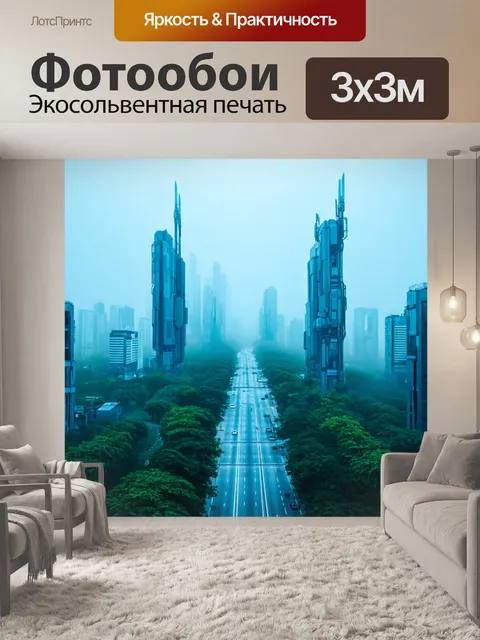 Фотообои туман в стиле манга, кибернетический город в тумане, фuturistic design, технологии и природа в гармонии