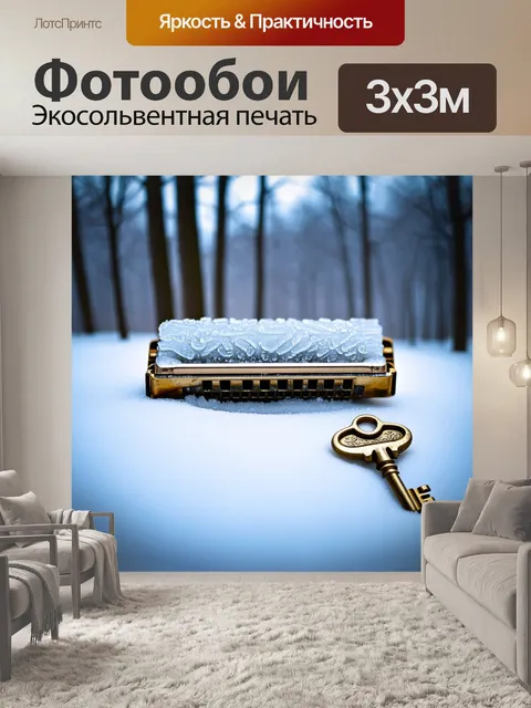 Фотообои в зимнем пейзаже, покрытом снегом, ключ, украшенный ледяными узорами, покоится на старинной гармонике