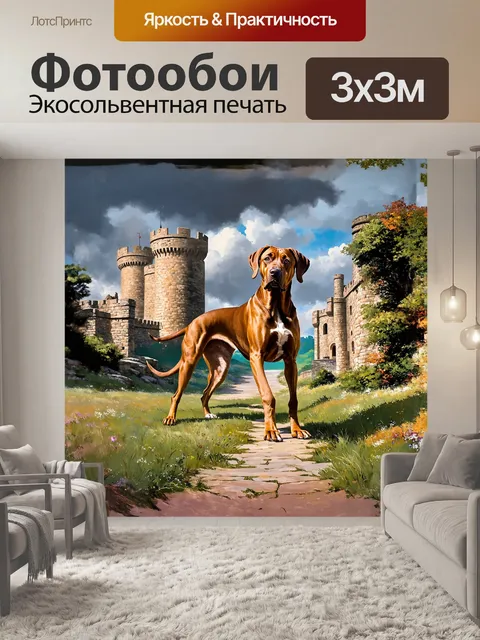 Фотообои родезийский риджбек играет на фоне старинного замка