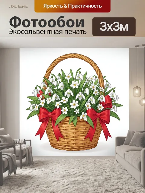 Фотообои Корзина с подснежниками и бантами