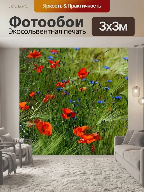 Фотообои Маки поле васильки луговой