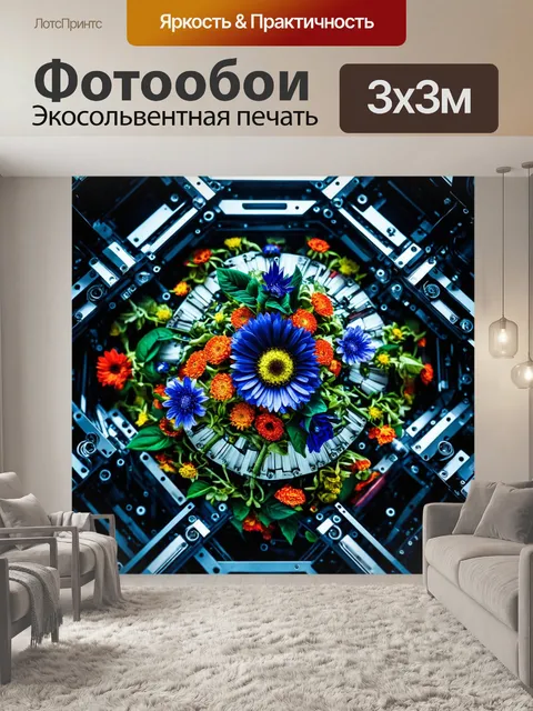Фотообои цветы в стиле киберпанк, где цветы становятся частью механических конструкций и узоров