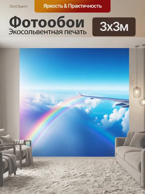 Фотообои самолёт, летящий к горизонту на фоне яркой радуги