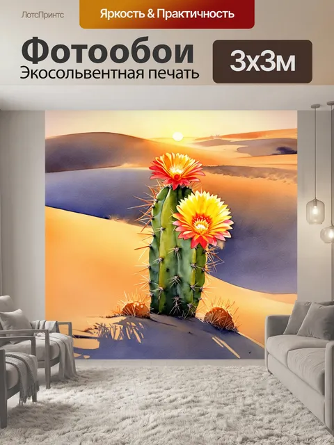 Фотообои вечернее освещение, мягкие тени и теплые тона, фокус на цветущем кактусе, его яркие цветы распускаются на…
