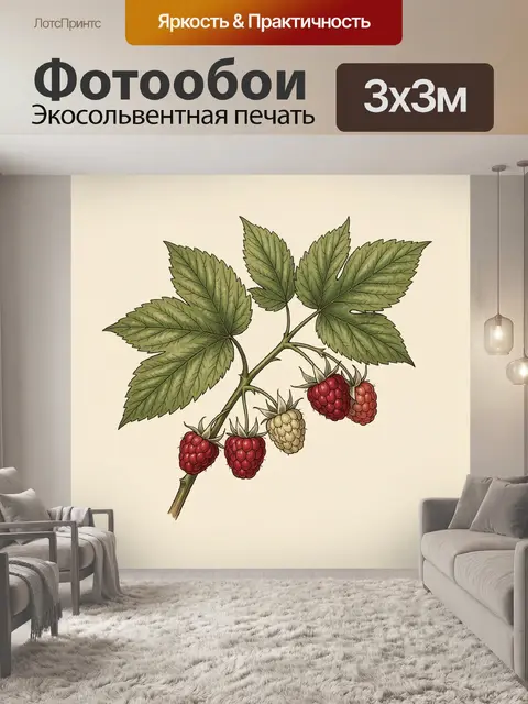 Фотообои Ветвь малины с ягодами
