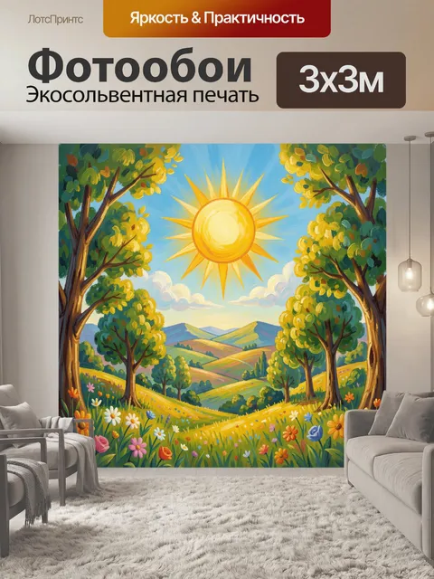Фотообои Солнечная долина среди цветущих холмов