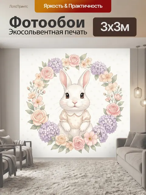 Фотообои Белый зайчик в цветочном венке