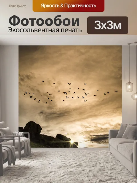 Фотообои Красивый закат и стаи птиц