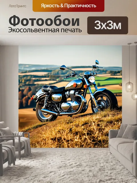 Фотообои мотобайк на вершине холма, окруженного живописными пейзажами, золотая трава колышется на ветру