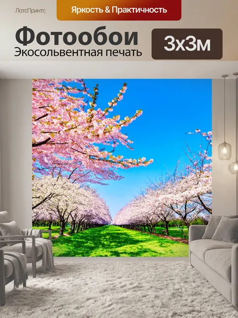 Фотообои пейзаж с цветущими вишнями и ясным весенним днем