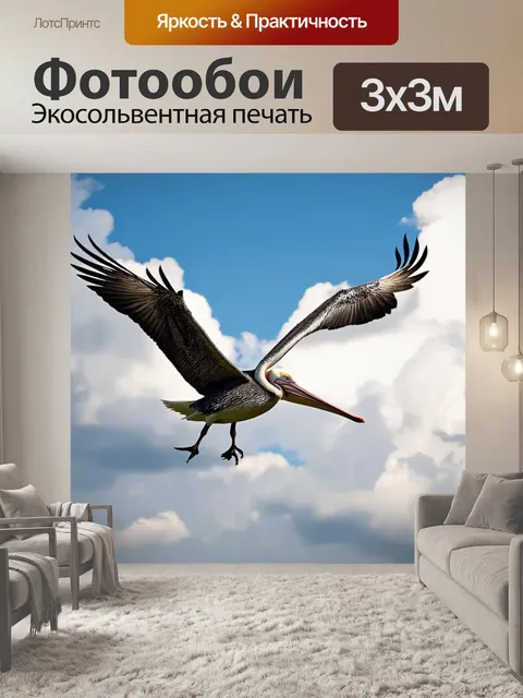 Фотообои пеликан, парящий в небе, с облаками и ярким солнечным светом, создающим эффект лёгкости и свободы