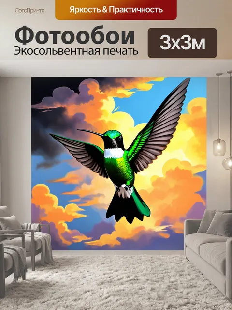 Фотообои изображение зеленого колибри среди закатных облаков