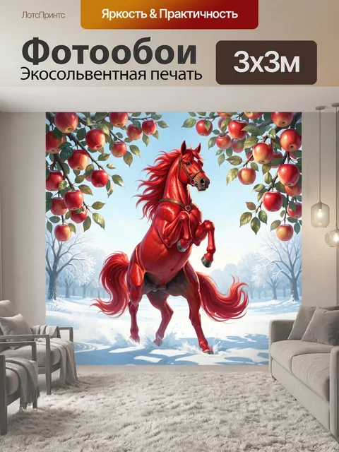 Фотообои Красный конь среди яблонь