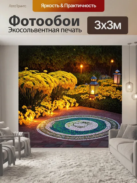 Фотообои пейзаж спокойного сада, усыпанного золотыми цветами, где ночью в воздухе ощущается магия рамадана
