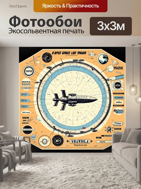 Фотообои космос в стиле ретро, схемы космических путешествий с винтажными шрифтами и графикой