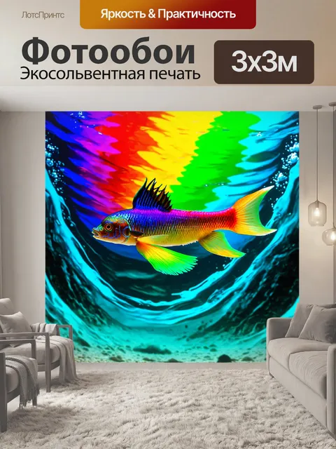 Фотообои стремительная рыба, сверкающая в облике радуги, на фоне волнующей воды, выполненная в экзотическом стиле