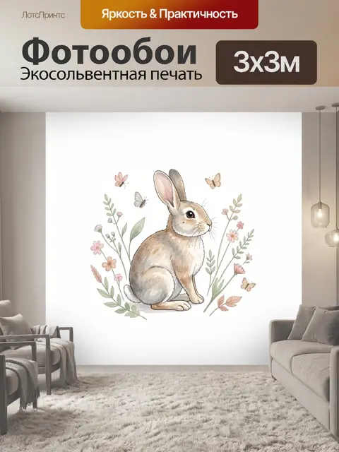 Фотообои Зайчик среди цветов и бабочек