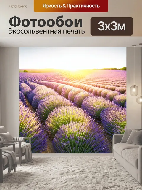 Фотообои прованс: идиллический вид на лавандовые поля, тающие вдали, где солнце освещает горизонт