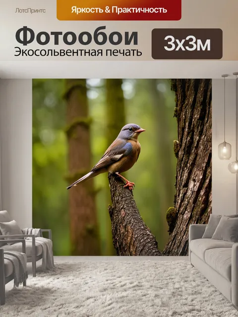 Фотообои птица, сидящая на старом дереве в лесу, m soft shades and light, executed in a realistic style