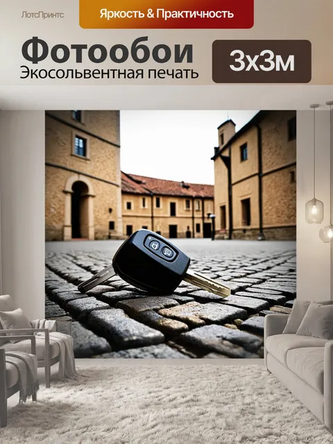 Фотообои ключи от автомобиля на фоне мощёной площади старинного города