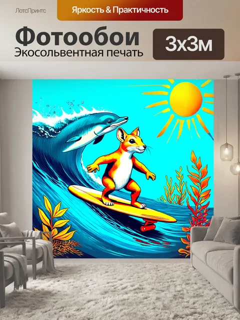 Фотообои марсупилами, катающийся на волне на длинной доске серфинга, рядом с веселыми дельфинами и подводными цветами