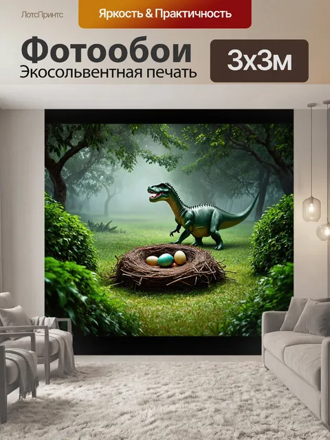 Фотообои динозавр, изображающие гнездо с яйцами динозавров, спрятанное среди густых зеленых кустарников и деревьев