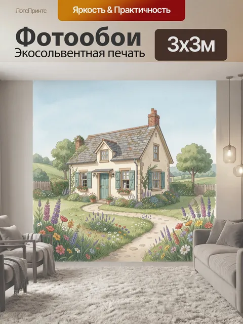 Фотообои Сельский дом среди цветущего сада