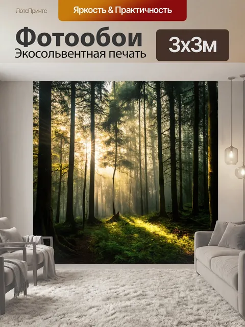 Фотообои лес с солнцем, проникающим сквозь завесу тумана, создающим мистический эффект