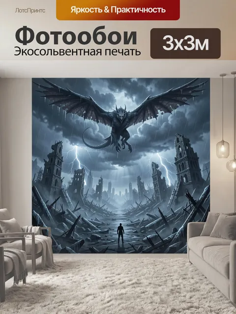 Фотообои Дракон над разрушенным городом