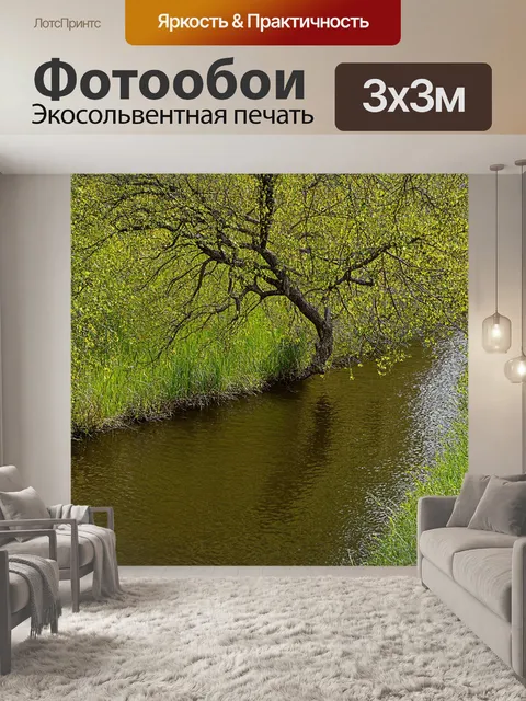 Фотообои дерево, растущее вдоль извивающейся реки, с отражением в спокойной воде, вызывающее ощущение умиротворения