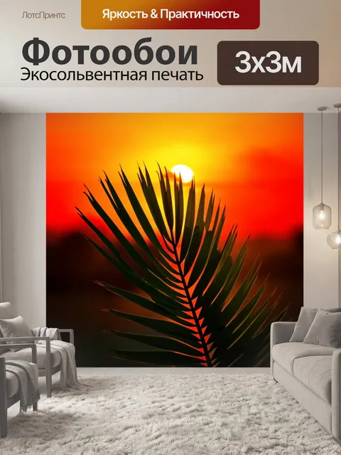 Фотообои пальмовый лист на фоне яркого заката