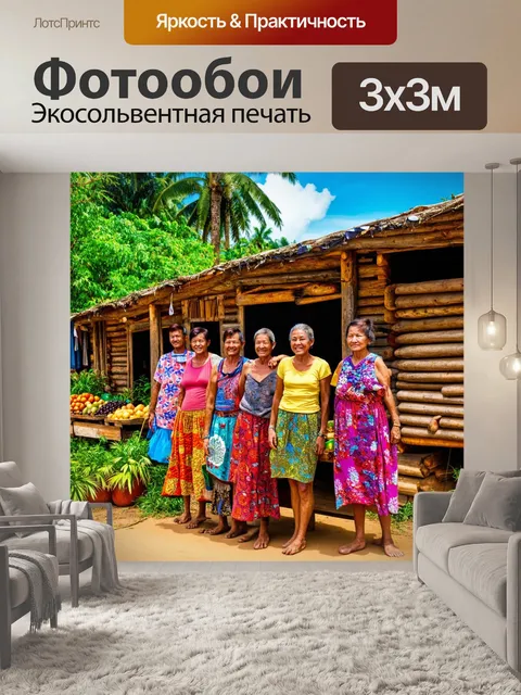 Фотообои тропики, традиционная деревня, деревянные домики, улыбающиеся жители, местная кухня, яркие ткани, ручные…