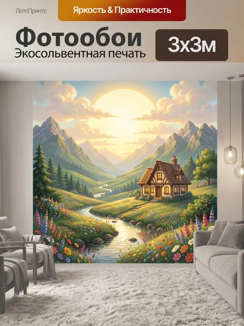 Фотообои Домик в цветущей горной долине