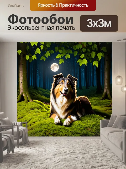 Фотообои сцена с колли, лежащим на мягком, зеленом мху под широколистными деревьями