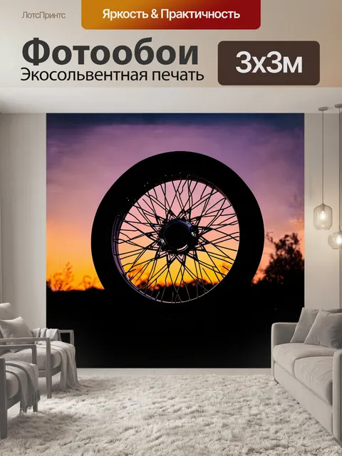 Фотообои чёрное колесо, обрамлённое металлической рамой, висящее на фоне заката