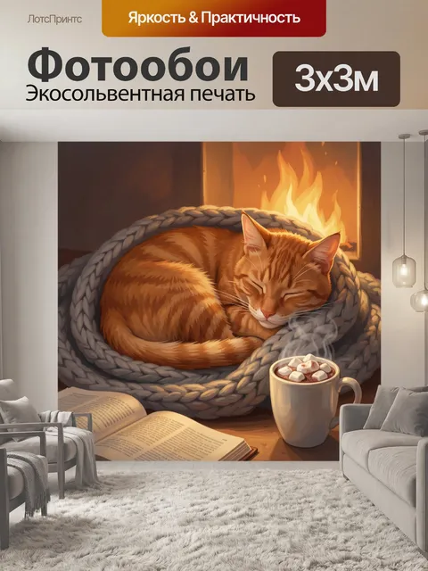 Фотообои Спящий рыжий кот у камина