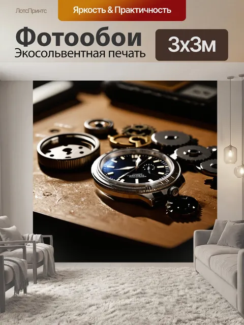 Фотообои механические часы, разложенные на рабочем столе мастера, с деталями и шестеренками, выполненные в технике…