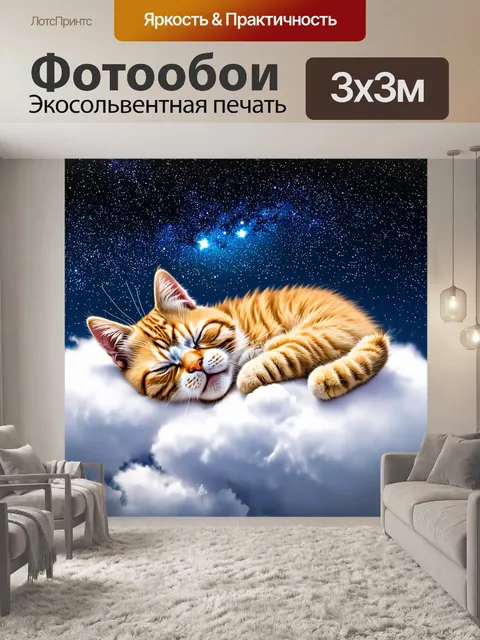 Фотообои кошка, спящая на мягком облаке под звездным небом