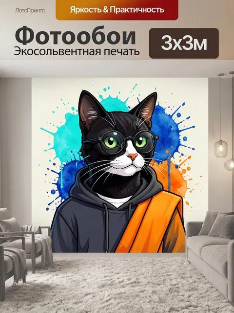 Фотообои Черный кот в очках и худи