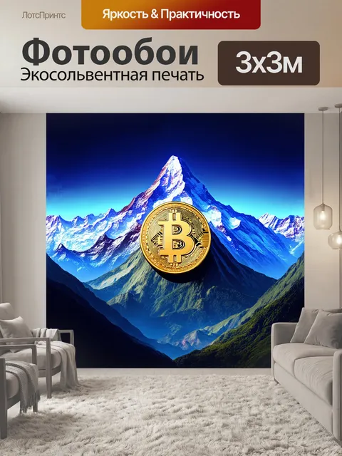 Фотообои визуализация биткоина в виде величественного горного пейзажа