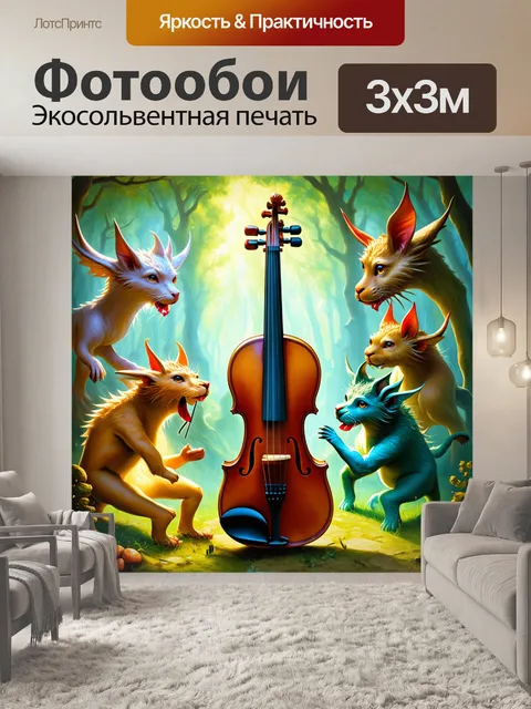 Фотообои скрипка, окружённая мифическими существами, которые играют на ней в волшебном лесу, в технике фэнтезийной…
