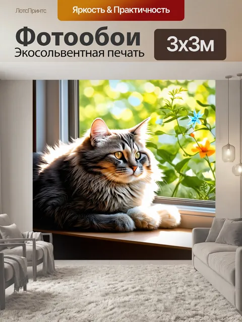 Фотообои промт: "фишель, мохнатая кошка, лежит у окна, наслаждаясь солнечными лучами