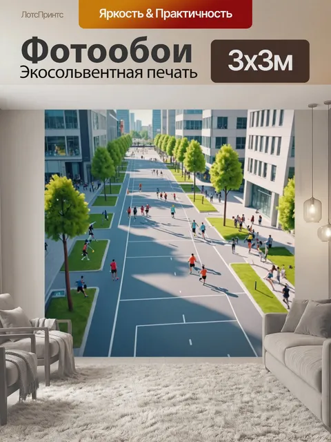 Фотообои город в стиле флэт, изображающий современные спортивные сооружения и активных людей на улице