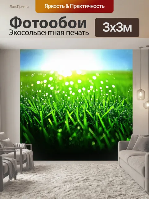 Фотообои зелёная подушка из свежей травы раскинулась на фоне солнечного, ясного неба