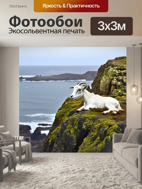 Фотообои козы, отдыхающие на скалистом выступе, с видом на море